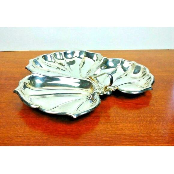 Vintage Silver Plated Divided Leaf Serving Plate With 3 Sections With Handle - Picture 5 of 8